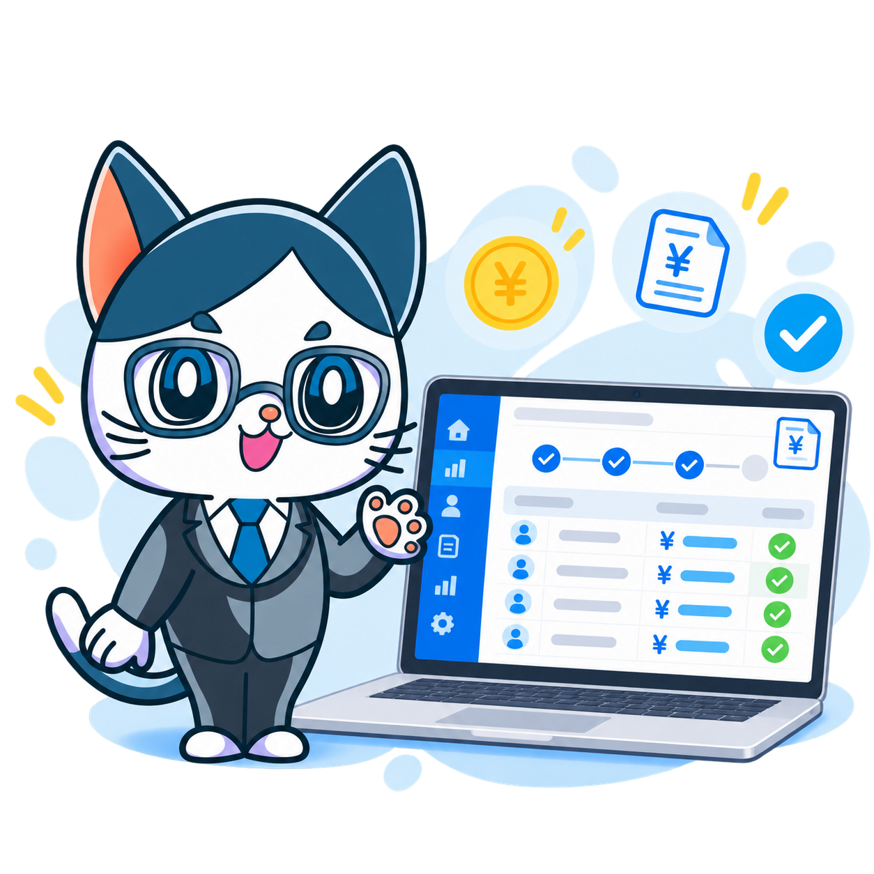 社労士クラウドのキャラクターが給与計算ソフトの画面を案内するイラスト